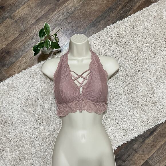 Victoria's Secret PINK Size Medium Pink Lace Halter Ruffle Bralette - Picture 1 of 6